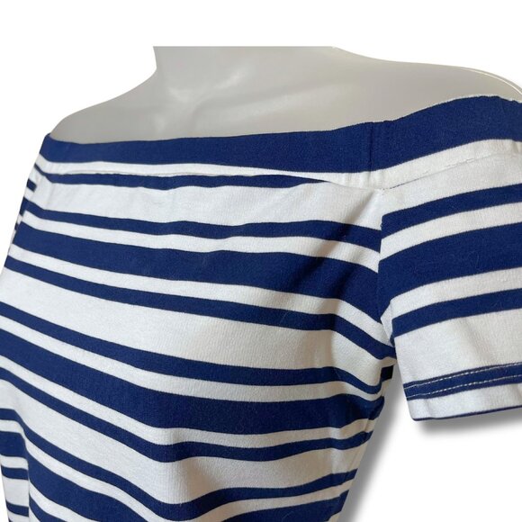 Off Shoulder Striped Top Nautical Blue White Stretch Tee Retro Summer - Picture 2 of 7